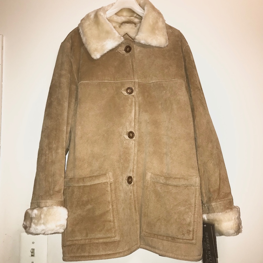 NWT Vtg Y2K Desert Well Tan 100% Genuine Suede Leather Fur Penny Lane Coat Large